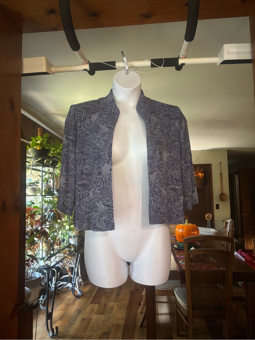 Alex Evenings Women's Navy Paisley Open-Front Cropped Dress Jacket Size 16P